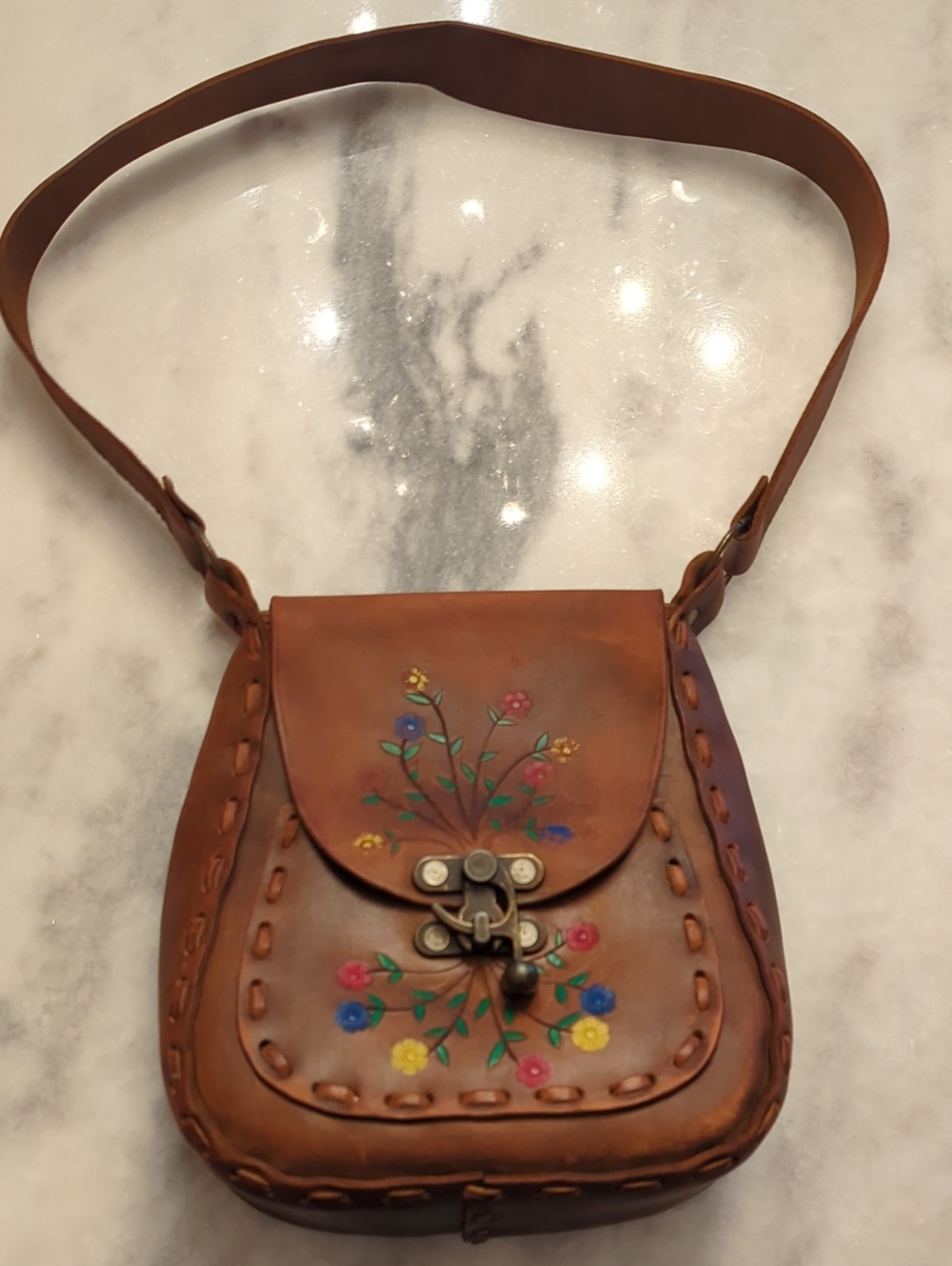 Vintage Hand Tooled Genuine Leather Shoulder Bag With Painted Flowers. EVC!